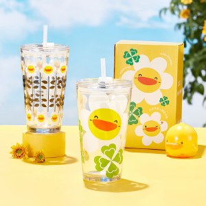 共禾京品发鸭系列玻璃吸管杯400ml 黄色小鸭联名可爱儿童玻璃杯吸管水杯子