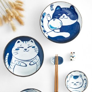 御宅独角戏6件套-猫咪 一人食套装日式和风釉下彩手绘小清新碗碟盘陶瓷餐具