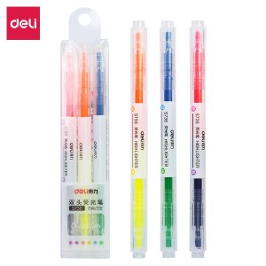 得力（deli）双头双色醒目荧光笔 学生考试重点标记笔 绘画涂鸦手账笔办公水性记号笔 3支6色S736